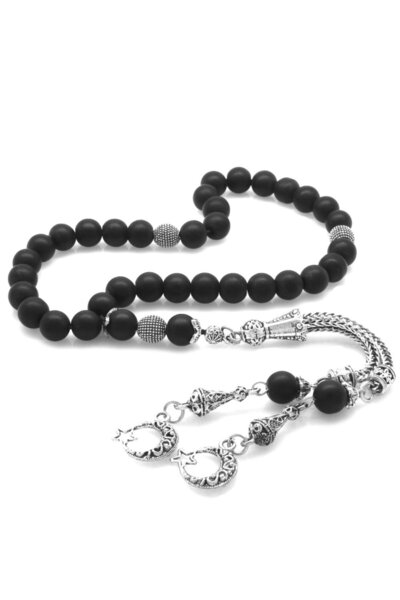 Tesbihane Non-Tarnish Metal Crescent Star Tasseled Globe Cut Matte Onyx Natural Stone Rosary
