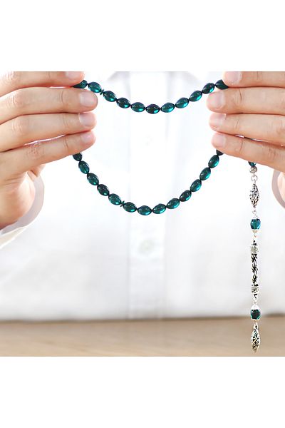 Tesbihane Non-Tarnish Metal Rope Tassel Barley Cut Water Blue Fire Amber Prayer Beads
