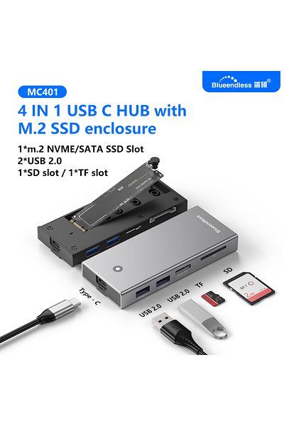 Choice حاوية SSD من Blueendless m2 Sata/NVMe MC401 مزودة بمنفذ USB C ومحطة إرساء للكمبيوتر المحمول بدقة 4K وتردد 60 هرتز ومنفذ HDMI-Com ومنفذ USB3.