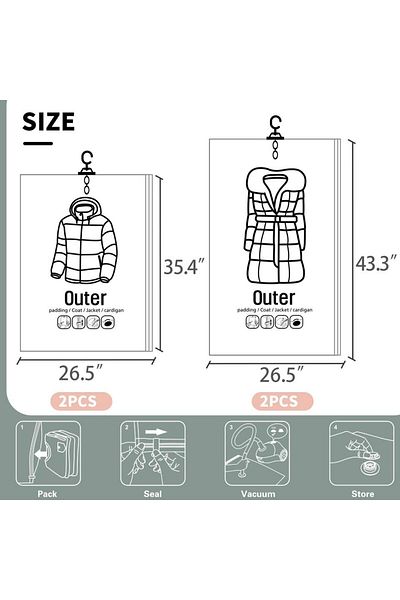 Choice 4 Combo (2S 2L) Hanging Vacuum Storage Bags for Coats Closet Organizer Vacuum Sealer Bags,for Garmen
