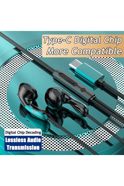 Choice سماعة أذن سلكية جديدة من Type-C باللون الأخضر مقاس 3.5 مم، ستيريو هاي فاي، سماعة أذن رياضية للموسيقى بدون استخدام اليدين