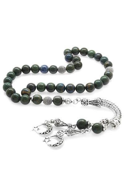 Tesbihane Non-Tarnish Metal Crescent and Star Tasseled Globe Cut Blood Stone Natural Stone Rosary
