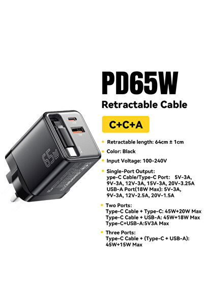 essager شاحن أسود بريطاني أسود 65 واط GaN مع كابل قابل للسحب PD شحن سريع لأجه...