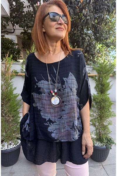 DenizEge Clara Floral Necklace Blouse Navy Blue