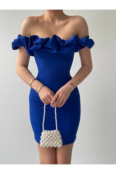 OLSAMODA Women's Atlas Fabric Collar Ruffle Low Sleeve Mini Pop Evening Dress
