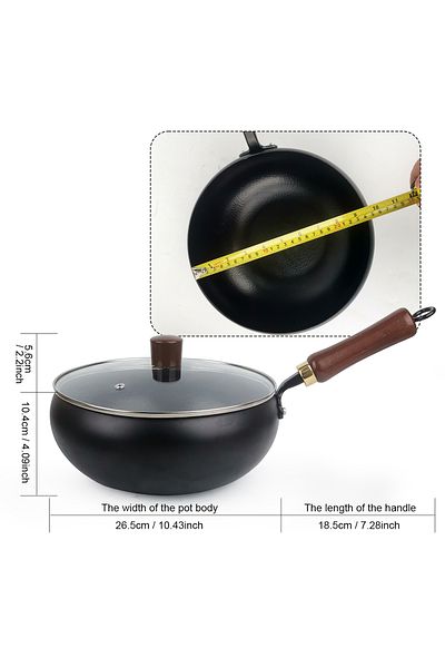 Choice black Nonstick Black Sauce Pot with Lid, Iron Frying Pot with Wooden Handle, Deep Frying Pots for Al