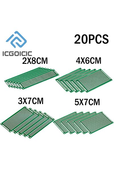 ICGOICIC green 20Pcs Double-Sided PCB Prototype Kit - 2X8, 3X7, 4X6, 5X7 Tinned FR4 Boards - Universal Perf B