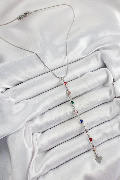 Clariss Brass Silver Color Mixed Color Zircon Stone Heart Y Women's Necklace