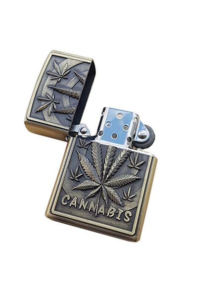 dalimag Metallic lighter, 3D relief, gas, cannabis model, green, box, 60 mm x 40 mm x 15 mm,