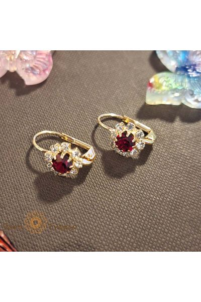 saratremo Classic Gold-Plated Earrings - Flower Decor with Red Zirconium Crystal