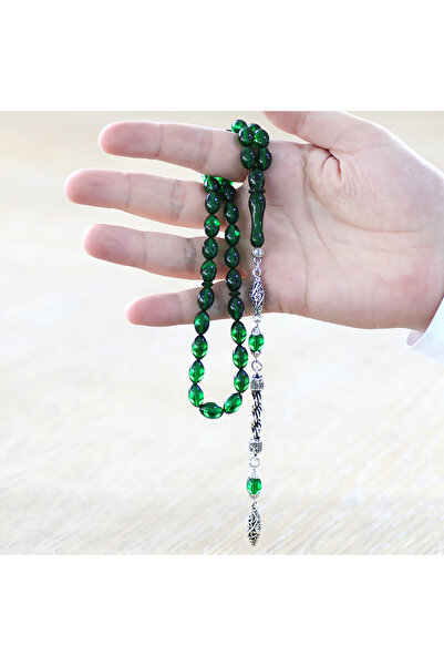 Tesbihane Non-Tarnish Metal Rope Tasseled Barley Cut Green Fire Amber Prayer Beads