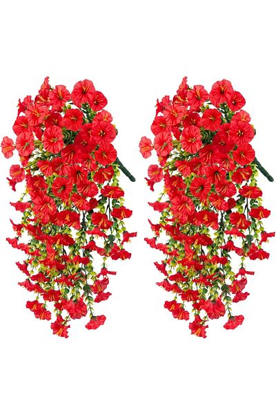 Choice Red-2PCS Artificial Hanging Flowers Plants Faux Silk Purple Morning Glory Long Vines UV Resistant Re