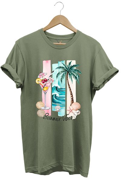 WİDİ Summer Vibes Καλοκαιρινό θεματικό κοκτέιλ, μπλουζάκι με μοτίβο φοίνικα και θάλασσα 100% βαμβακερό κανονικό μπλουζάκι