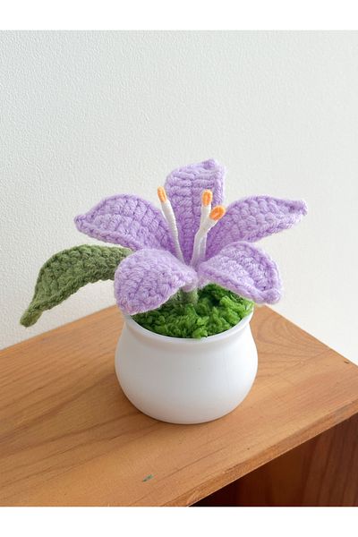 Choice PURPLE Flowers Hand-Knitted Lily Potted Delicate Crochet Woven Flowers Pot Mother's Day Gift