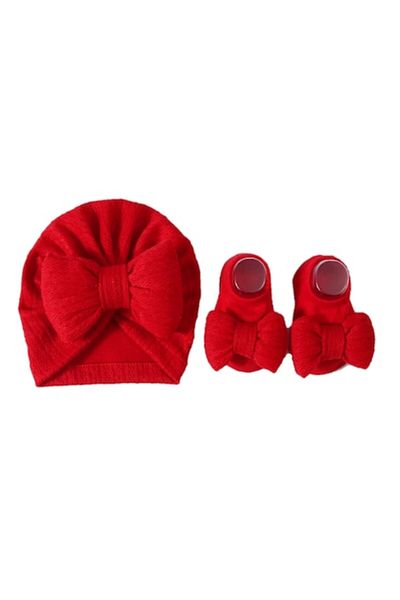 KERNOWSUN Set Turban Baby Girl with Bow and Non-Slip Booties, Red