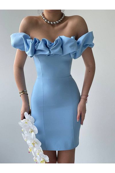OLSAMODA Women's Atlas Fabric Collar Ruffle Low Sleeve Mini Pop Evening Dress