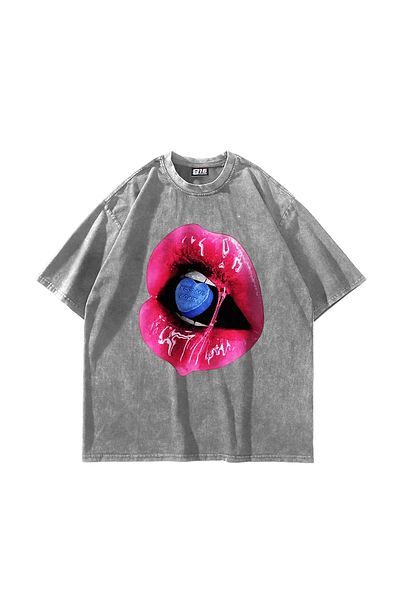 Sekizbiraltı Kiss Me Again Printed Oversize Unisex Πλενόμενο λευκό μπλουζάκι