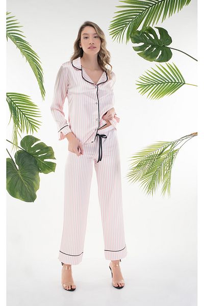 Stylish Ultra-elegant pajamas in soft white and pink satin for a charming look.