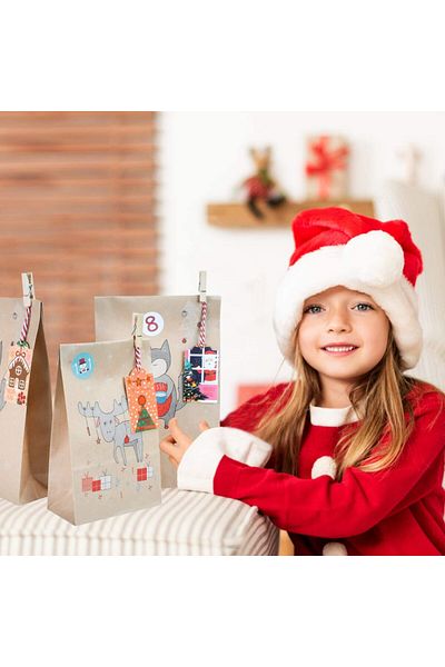 KATELUO Set of 24 bags with clips and stickers for advent calendar, paper/wood, multicolor