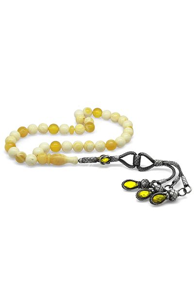 Tesbihane 1000 Sterling Silver Kazaz Tassels Sphere Cut King Seccer White - Yellow Moire Drop Amber Prayer Beads