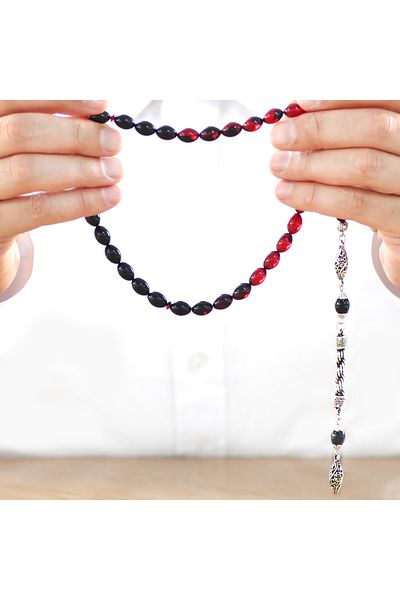 Tesbihane Non-Tarnish Metal Rope Tasseled Barley Cut Filtered Red Black Fire Amber Prayer Beads