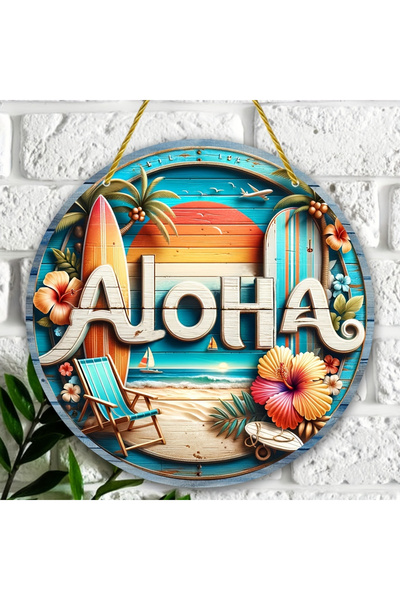 Choice 20 CM A 1 Aloha Wooden Sign Pendant/Round Beach Wall Art with Wreath W...