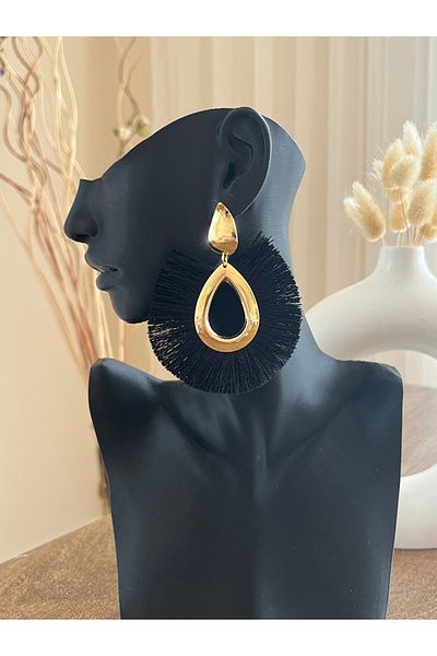 Büyük Hanım Black Metal Alloy Style Women's Earrings with Big Tassels