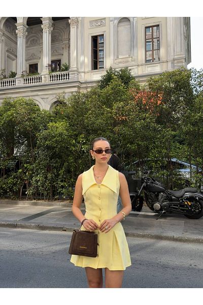 Enie Women's Yellow Pointed Collar Gold Button Dress