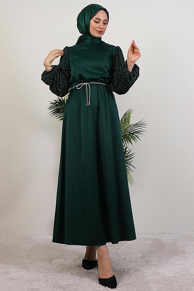 GİYZAMİLA Sleeve-Patterned Dress Emerald