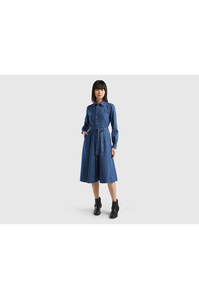 United Colors of Benetton Women's Denim Shirt Midi Dress with Waist Belt and ...