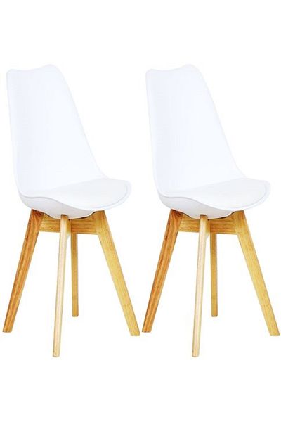 AWF AL WADI FURNITURE Eamy Set of 2 White Tulip Design Mid Century Modern Upholstered Dining Chairs White & Beech