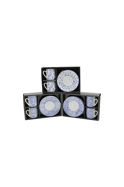 Beruflic Blue - White 4Pcs=2-Set Porcelain Coffee Cup Flower - Line - Dot Mix Pattern