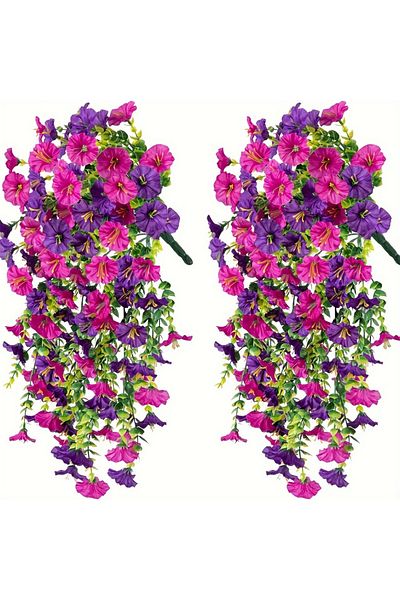 Choice Red Purple 2pcs 2pcs UV-Resistant Artificial Morning Glory & Eucalyptus Hanging Decor - Perfect for