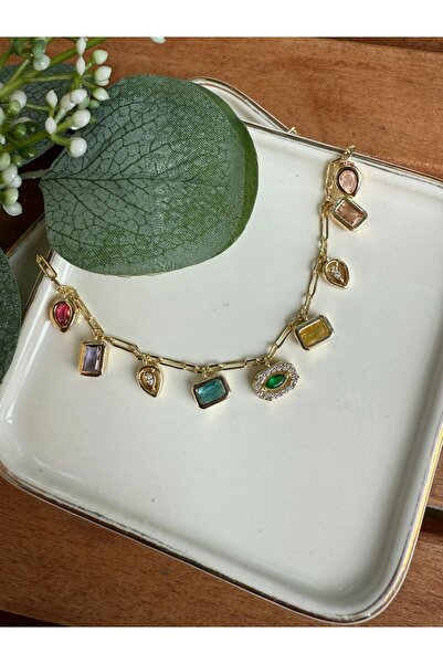 My Joyas Design 14K Altın Kaplama Renkli Taş Sallantılı Kolye 48cm