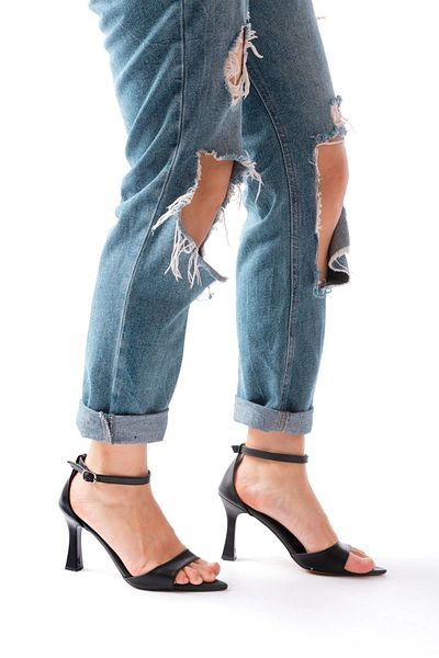 TB Terzi Bey 718 Black Leather Pointed Toe Heeled Ankle Strap Women's Shoes