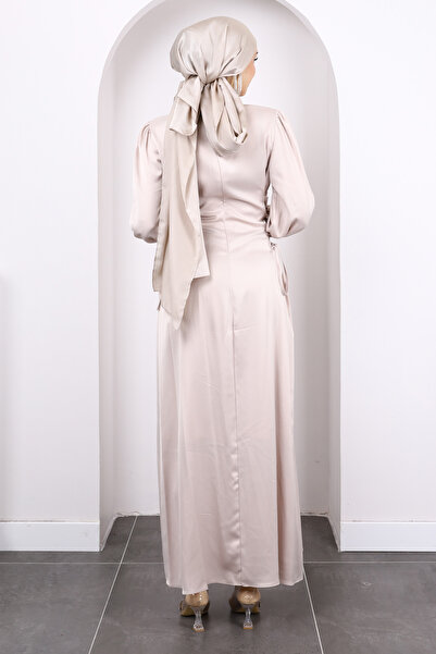 İmajButik Bej Yan Detaylı Saten Abiye