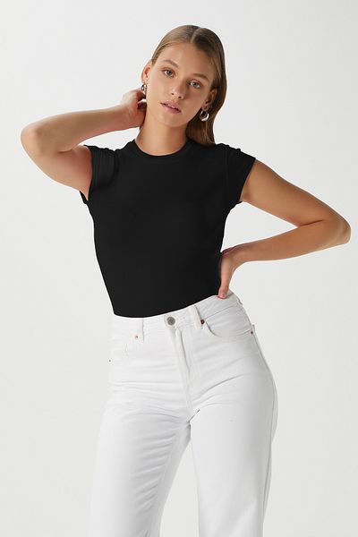 Ritnice Women's Inner Lux Touch Soft Texture Crew Neck Short Sleeve Black Blouse