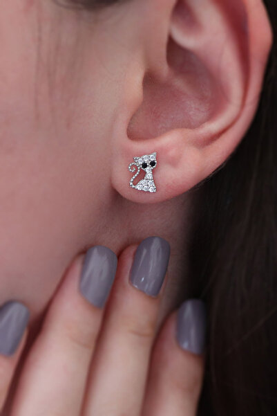 Parmas Design Kedi Tasarım 925 ayar Gümüş Kız Çocuk Küpe Gümüş