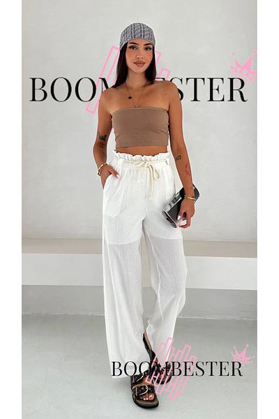 BoomBester Women's Crinkle Rope Belt Palazzo Relaxed Cut Pants 100% Cotton Fabric Elastic Waist
