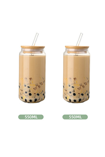 Choice3 401-500ml 500ML 2Pcs Glass Straw Cup with Dustproof Wooden Lid Heat-resisting Transparent Glass Bott