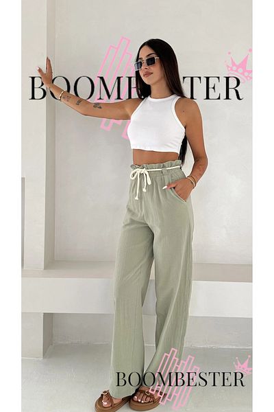 BoomBester Women's Crinkle Rope Belt Palazzo Relaxed Cut Pants 100% Cotton Fabric Elastic Waist