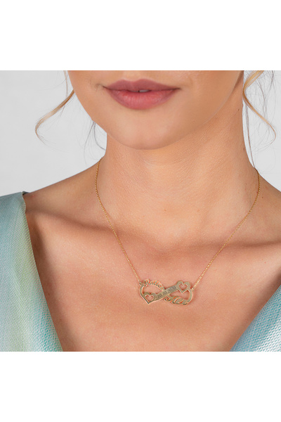 Tesbihane Kişiye Özel İsim Tarih Yazılı Gold Renk 925 Ayar Gümüş Sonsuzluk Kalp Kolye