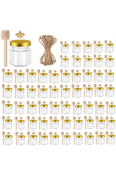 Choice 45ml-60packs 1.5/2/3 oz Hexagonal Mini Glass Honey Jar with Wooden Spoon, Bee Pendant and Jutes, Ver