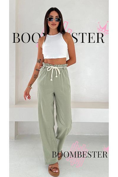 BoomBester Women's Crinkle Rope Belt Palazzo Relaxed Cut Pants 100% Cotton Fabric Elastic Waist