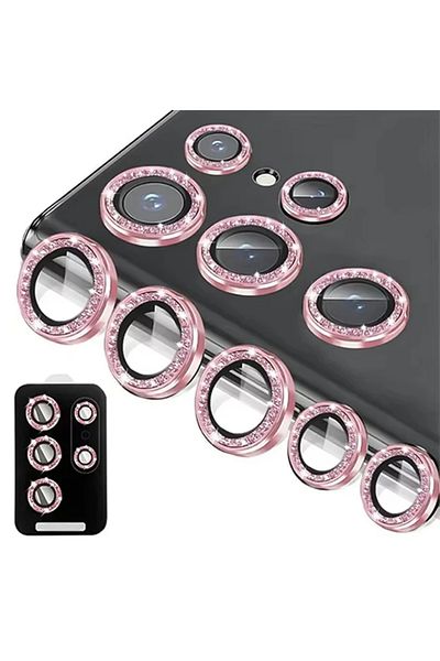 Choice S24 Ultra Glitter Pink لهاتف Samsung Galaxy S24 Ultra HD Glitter Diamond Metal Ring Camera Glass Lens