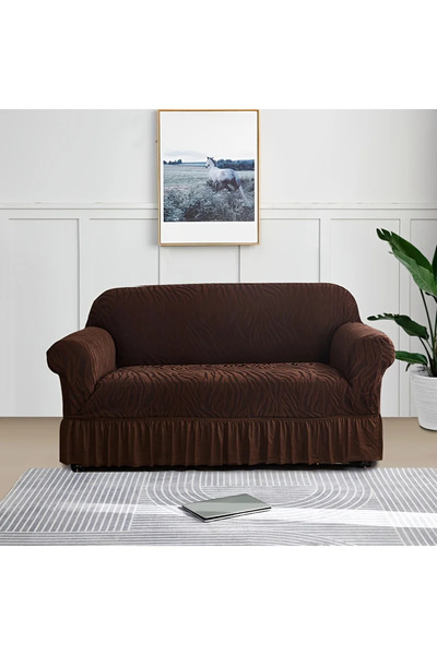 Choice طقم أريكة مكون من 4 مقاعد، لون قهوة، قطعة واحدة، تنورة موجة بحرية، غطا...