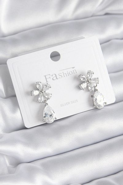ALFA AKSESUAR 03 Brass Silver Color Zircon Cubic Zirconia Flower Model Drop Model Women's Earrings - TJ-BKP8400