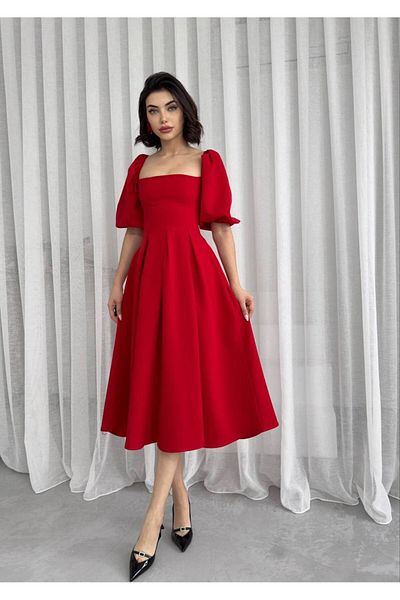 OLSAMODA Women's Atlas Fabric Square Neck Balloon Sleeve Blouse Cut Midi Length Wedding Wedding Invitation Dress