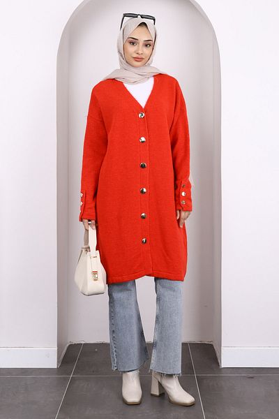 İmajButik Red Buttoned Long Hooded Knitwear Cardigan