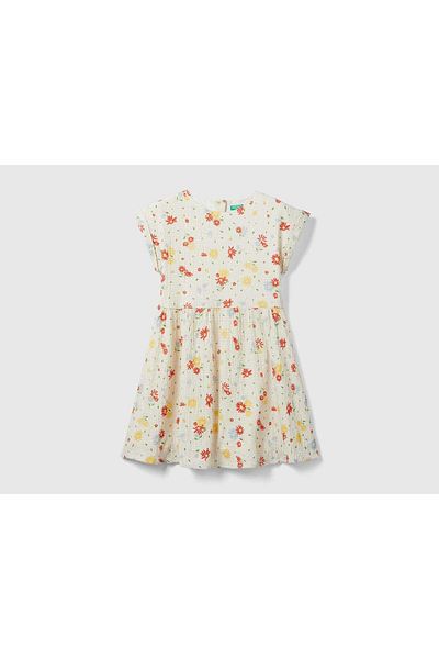 United Colors of Benetton Girls' Decorative Round Neck Dress with Buttons